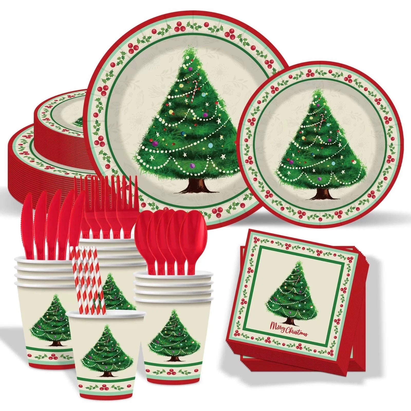 400 Pc Retro Christmas Party Tableware Set for 50 Guests, Elegant Disposable