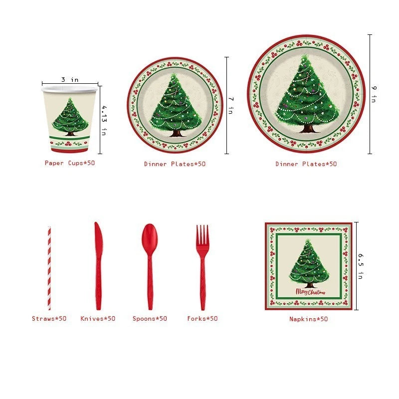 400 Pc Retro Christmas Party Tableware Set for 50 Guests, Elegant Disposable