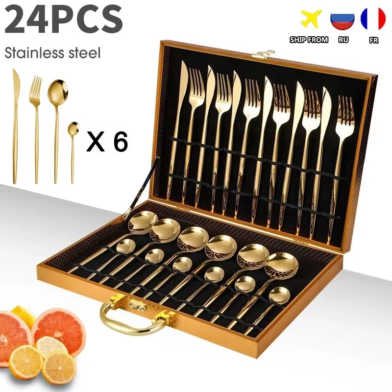 24PCS Cutlery Set Stainless Knife Fork Spoon Flatware Tableware Set Gold Gift Bo