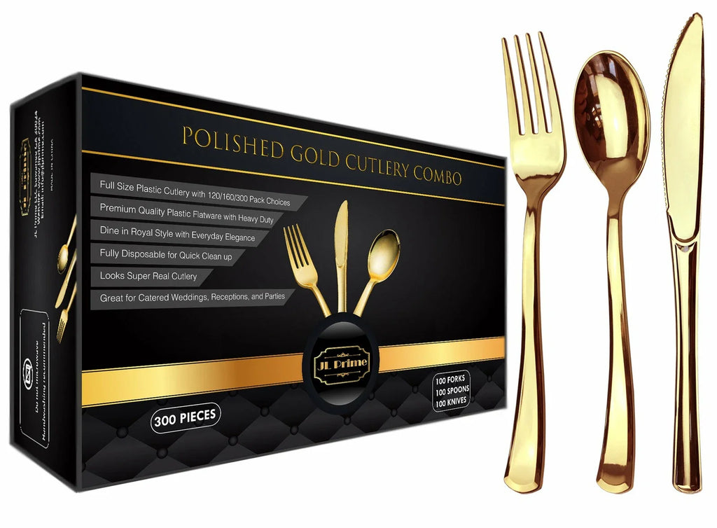 300 Piece Gold Plastic Silverware Set, Forks, Spoons, Knives, 100 Each